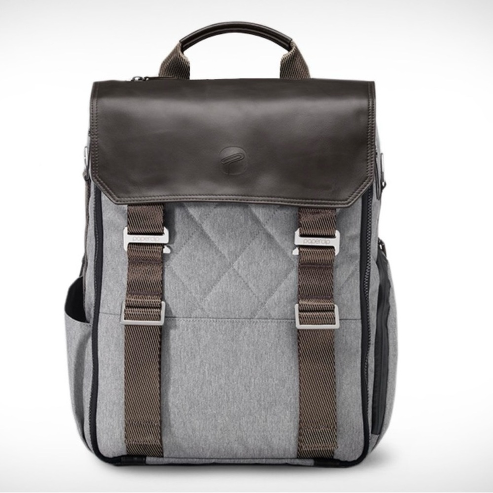 PAPERCLIP Gray and Brown Backpack with Leather Trim and Metal Buckles